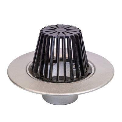 Frost Aluminium Cold Roof drain assembly - fixed anti-vortex dome 220mm circular, medium sump body with clamp, vertical threaded outlet 4" BSP