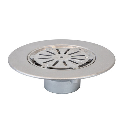 Frost Aluminium Cold Roof drain assembly - aluminium grating, fixed 240mm circular, medium sump body with clamp, vertical threaded outlet 4" BSP