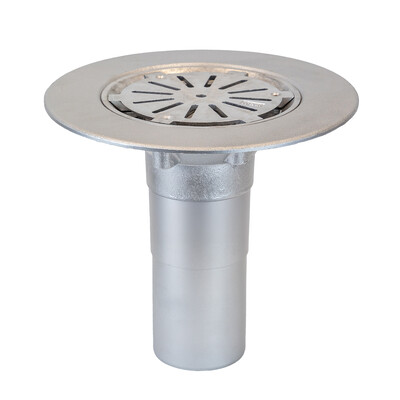 Frost Aluminium Cold Roof drain assembly - aluminium grating, fixed 240mm circular, medium sump body with clamp, vertical 200mm spigot outlet 100mm dia