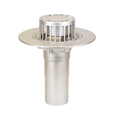 Frost Aluminium Cold Roof drain assembly - fixed anti-vortex dome 220mm circular, medium sump body with clamp, vertical 200mm spigot outlet 100mm dia